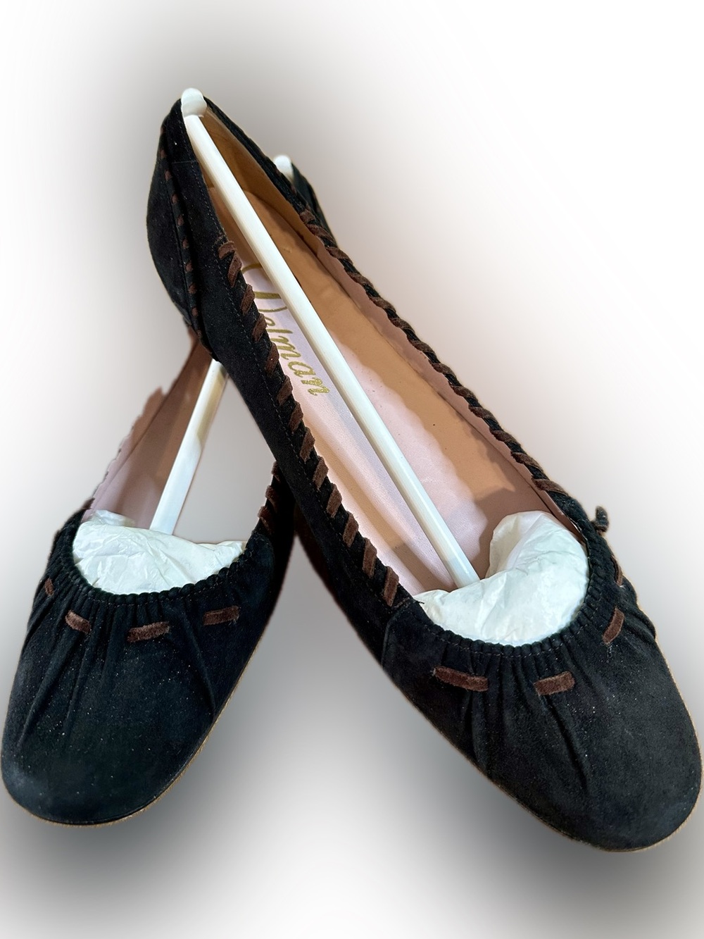 Delman Black Suede Ballet Flats with Espresso Trim and Shoe Bags